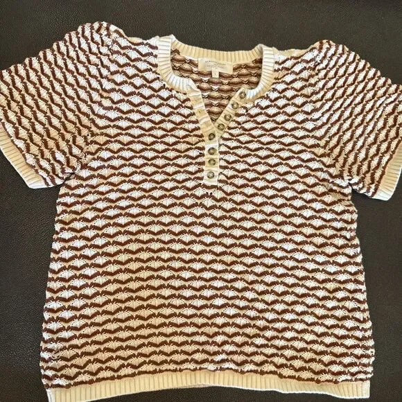 Sézane Mae Jumper Brown Ecru Knit Short Sleeve Puff Sleeve Size Large - Picture 2 of 9